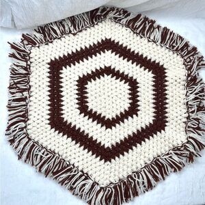 Vintage Granny Fringe Afghan Plant Mat Hand Crochet Hexagon Cream Brown Cottage